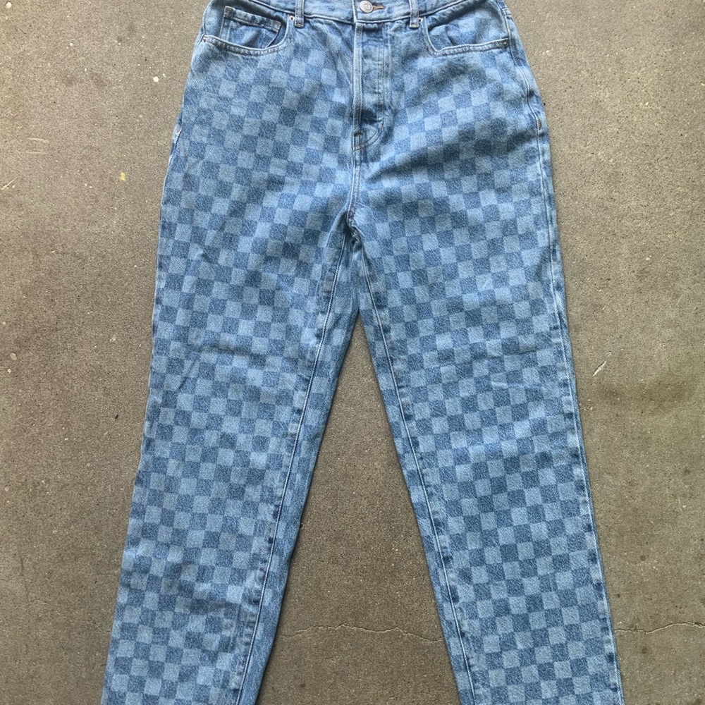 PacSun Light Blue Denim checkered checkerboard mom high rise straight Jeans 27